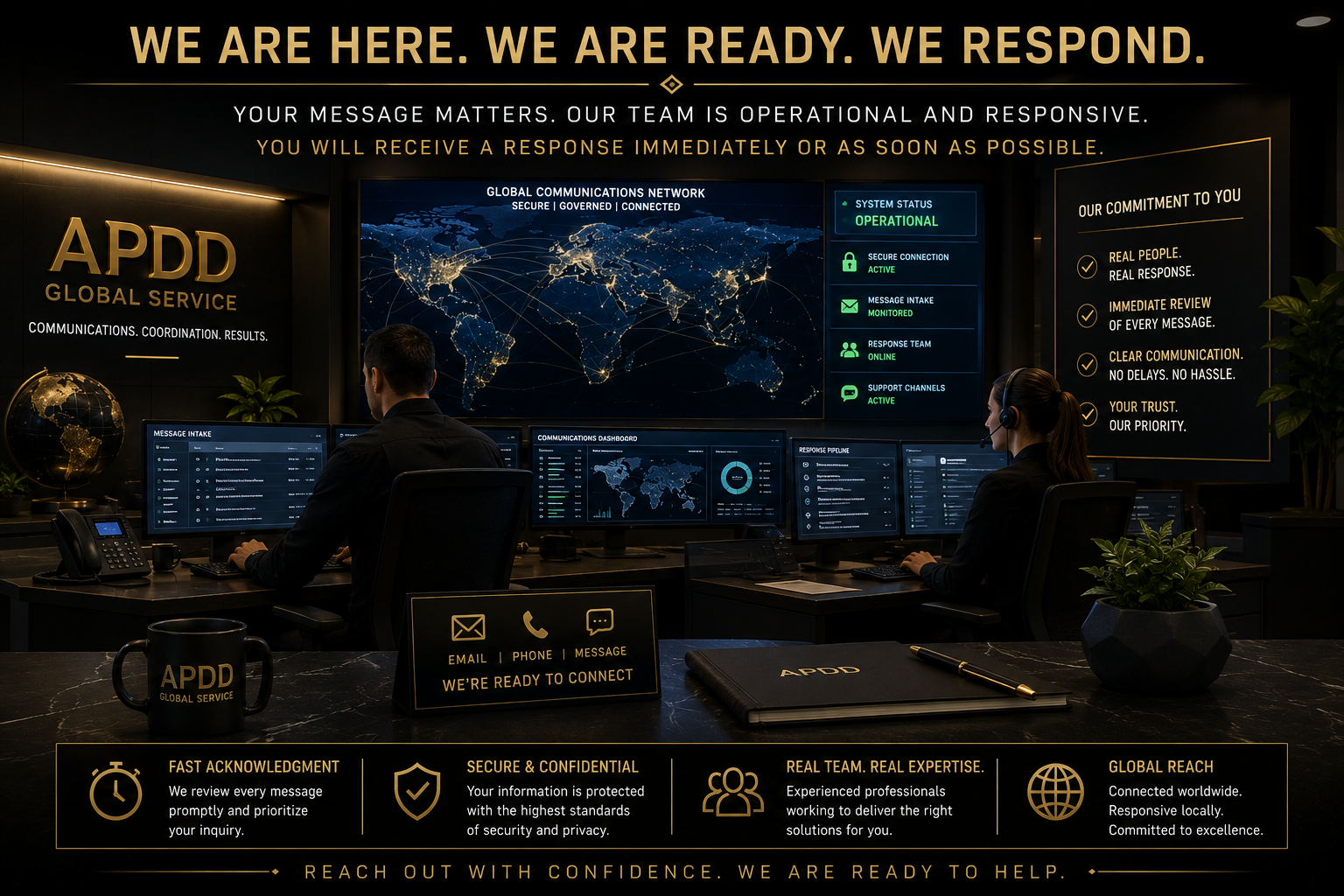 APDD operational communications environment representing responsive infrastructure, structured intake systems, and controlled communication continuity