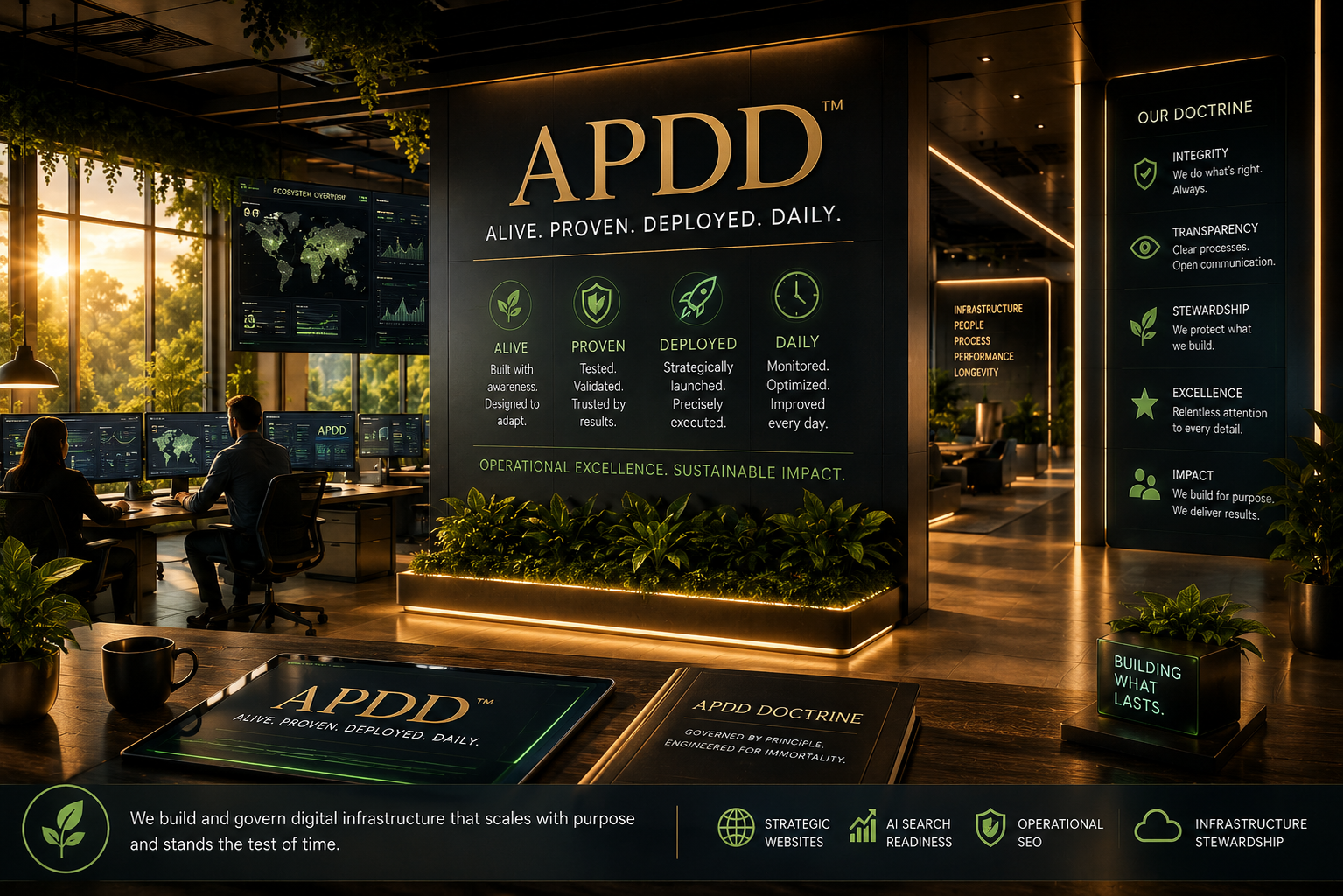 APDD alive operational guidance environment representing governed digital infrastructure, structured clarity, operational excellence, sustainable impact, and infrastructure stewardship