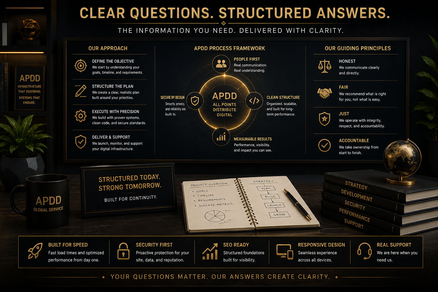 APDD structured guidance system representing clear questions, structured answers, operational clarity, and organized digital infrastructure