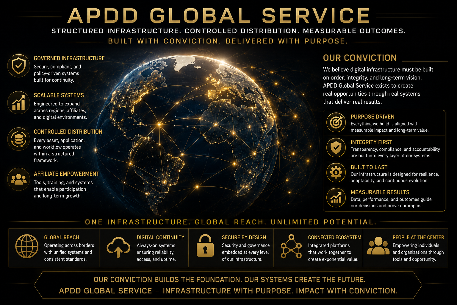 APDD Global Service conviction infrastructure representing governed systems, measurable outcomes, controlled distribution, and long-term operational purpose
