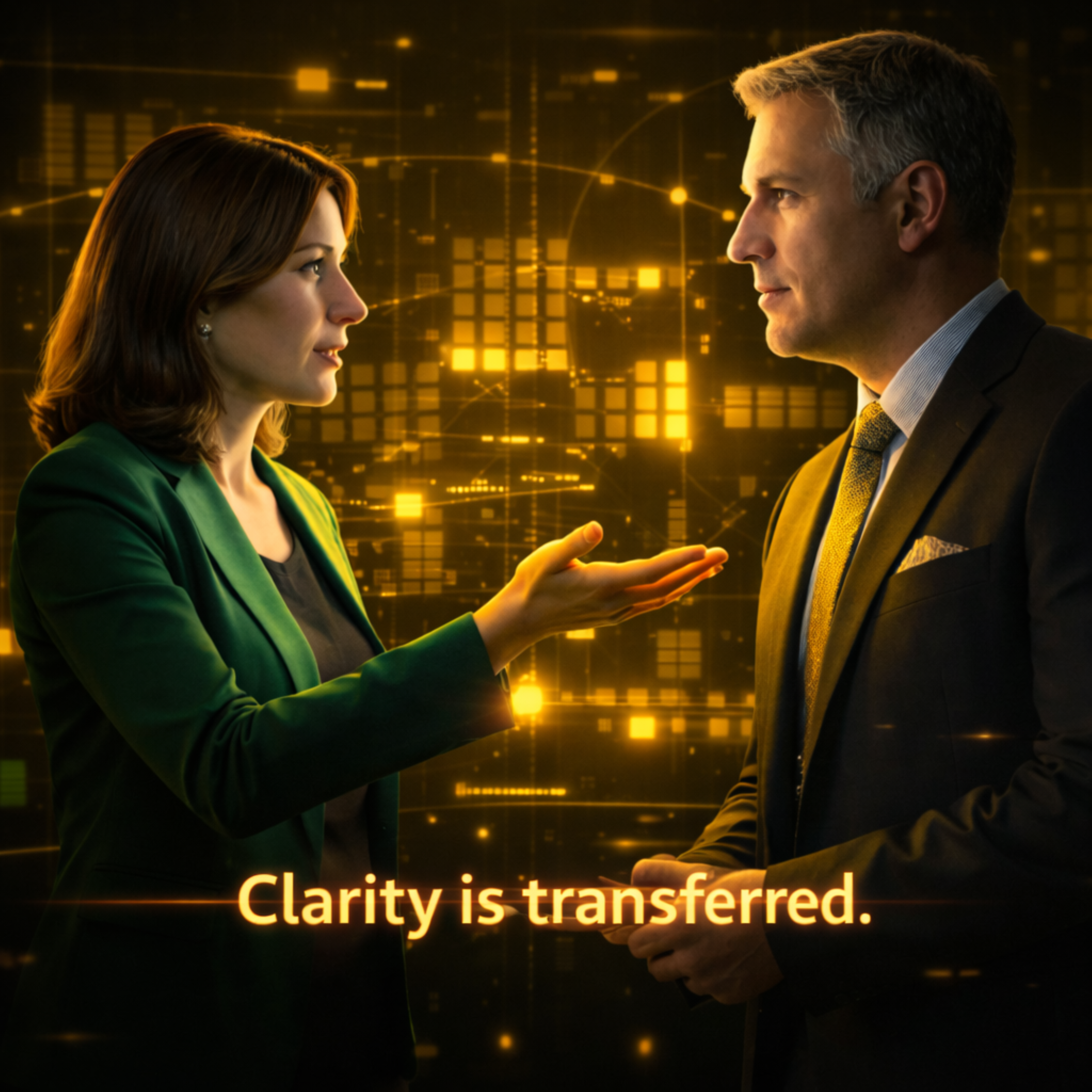 Professional communication image representing clarity transfer and system explanation