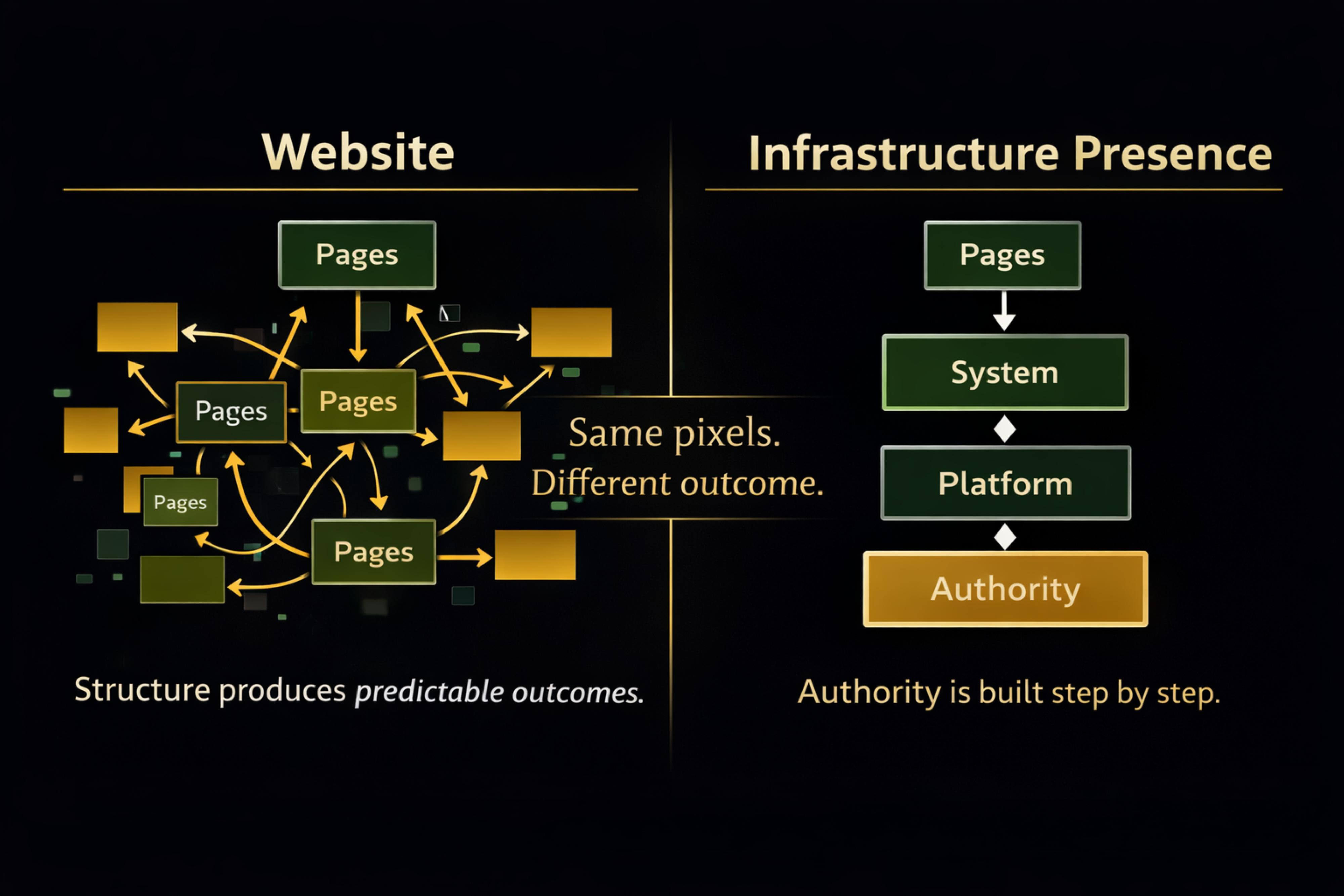 Website versus infrastructure presence comparison showing chaotic page structure on one side and a structured system leading to authority on the other