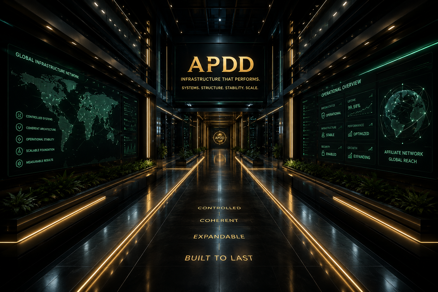 APDD operational infrastructure corridor representing controlled digital systems and scalable continuity